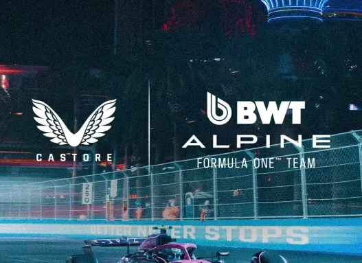 Castore and BWT Alpine F1 Team logos over an Alpine Formula 1 car