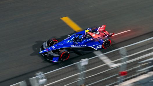 A Maserati MSG Racing Formula E car on track in Jeddah