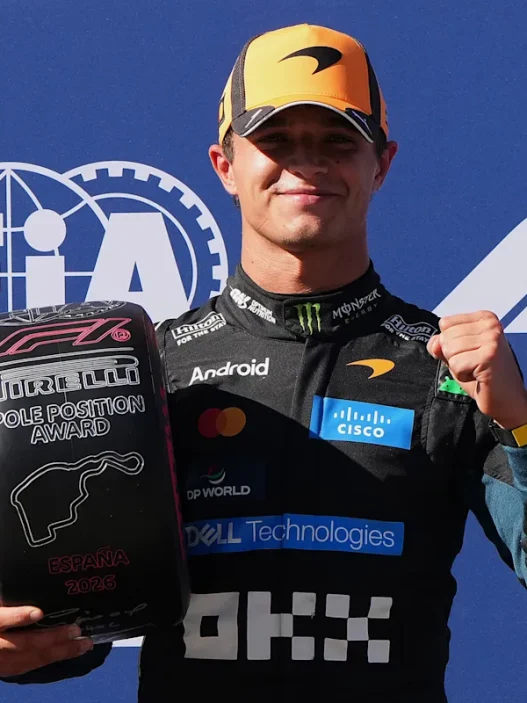 Lando Norris holding the Pirelli pole position award after qualifying