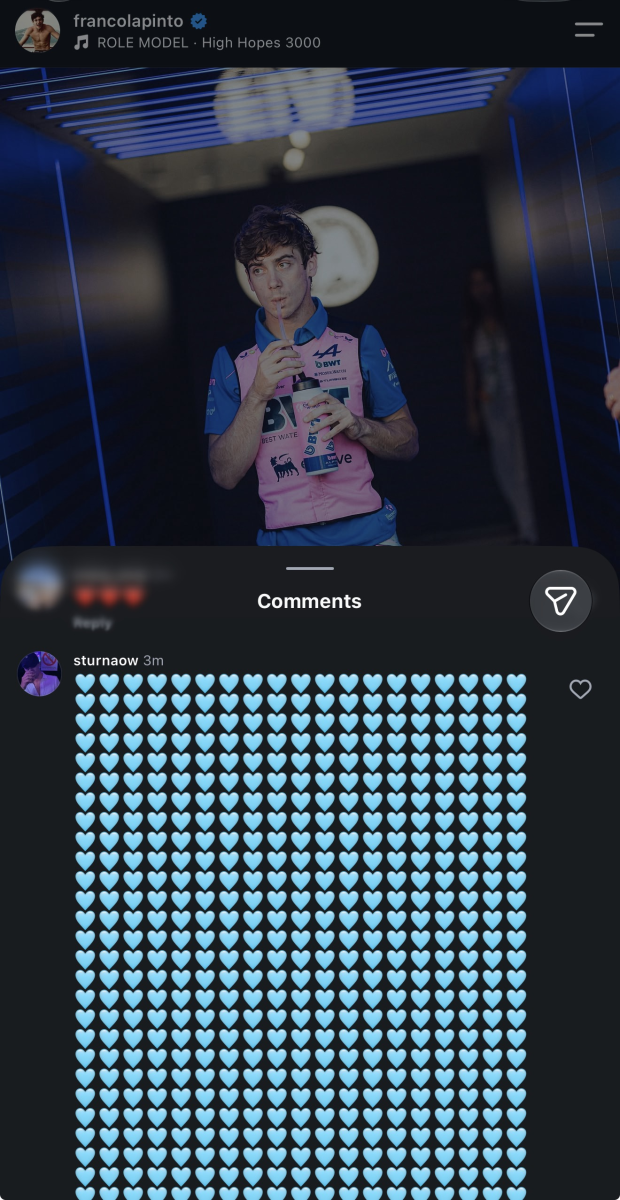 Comments under a Franco Colapinto Instagram post filled with heart emojis