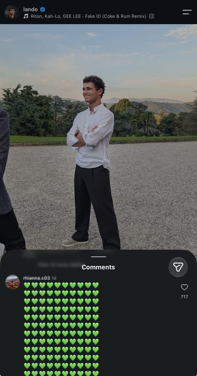 Comments under a Lando Norris Instagram post filled with heart emojis