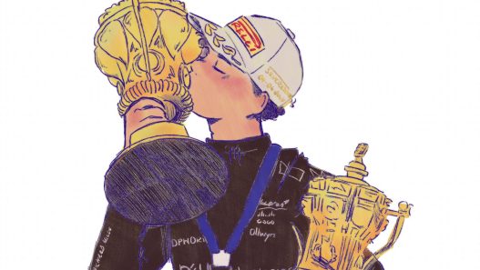 Marshplaylist illustration of a McLaren driver kissing a trophy with a medal around his neck