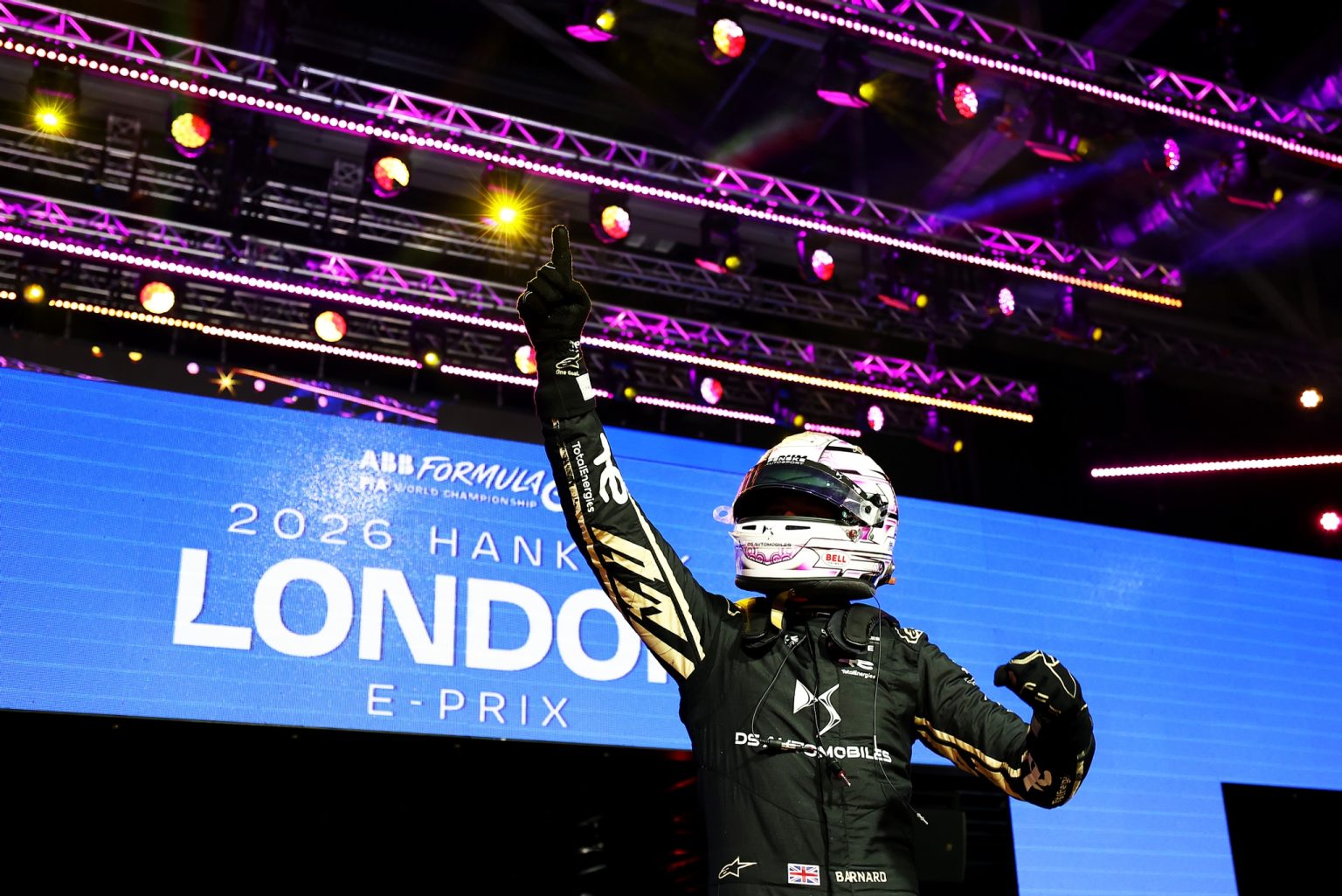 Taylor Barnard celebrating in parc fermƩ after winning the 2026 London E-Prix finale