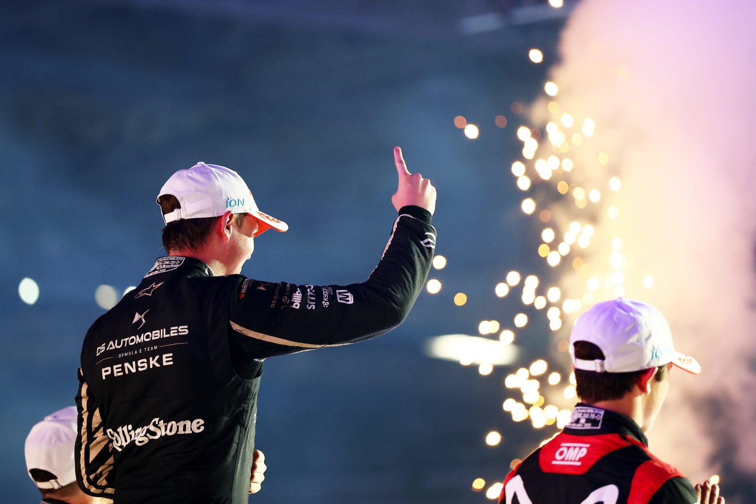 Taylor Barnard celebrating on the podium at the 2026 London E-Prix