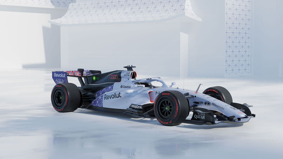 Audi’s Formula 1 car in its Singapore livery, white with blue patterns