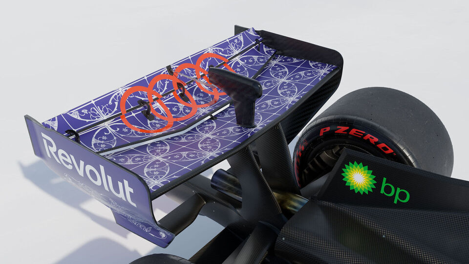 Close-up of the rear wing in Audi’s Singapore livery, covered in blue patterns