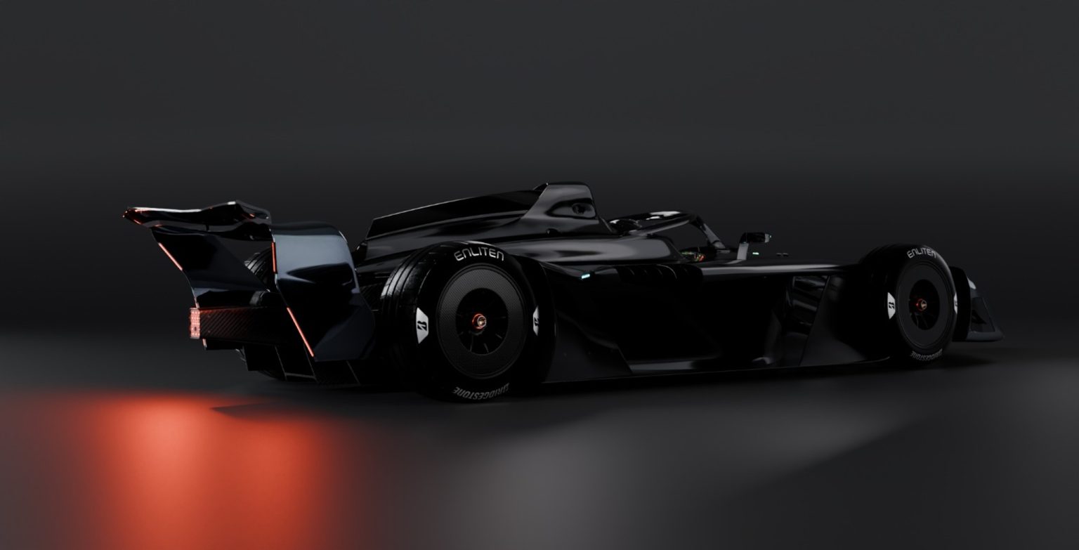 Studio render of the GEN4 car in black, lit from behind in red
