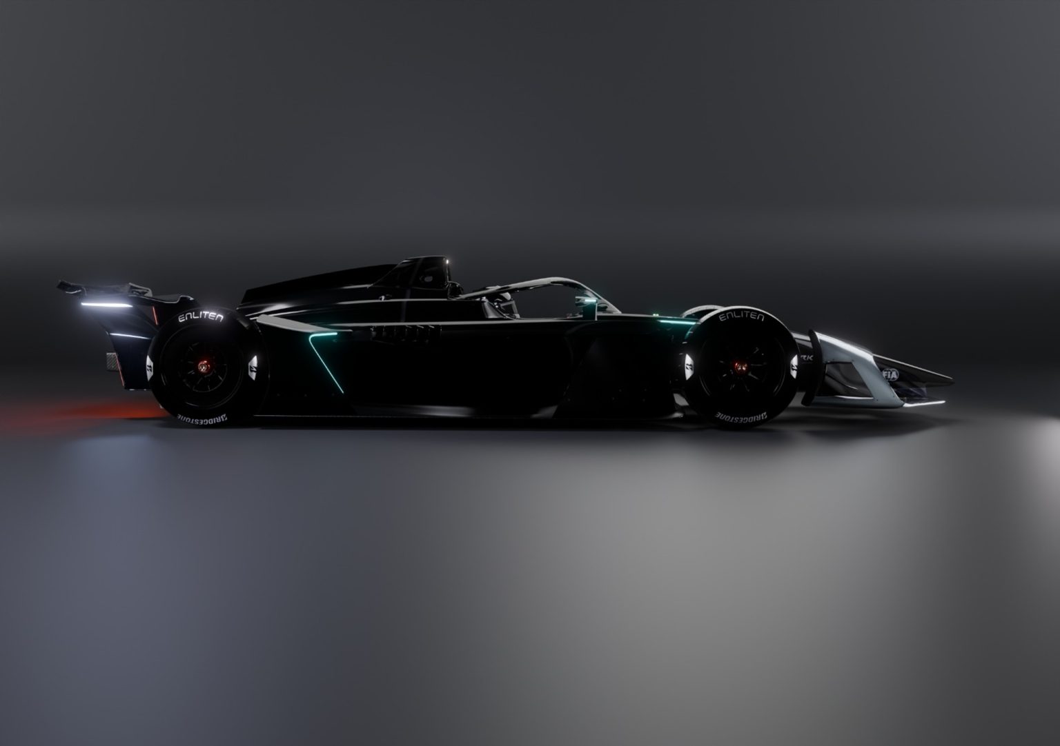 Studio render of the GEN4 car from the side, with teal lights along its bodywork