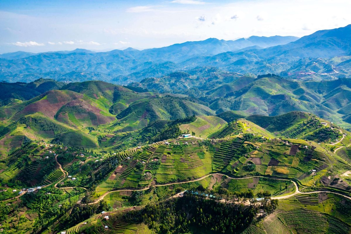 Terraced green hills and winding roads stretching to blue mountains in Rwanda