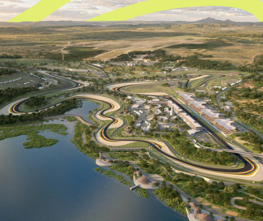 Aerial render of a winding racing circuit beside a lake, with grandstands and green hills