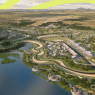 Aerial render of a winding racing circuit beside a lake, with grandstands and green hills