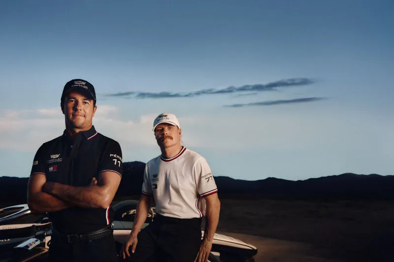 Two looks from the Tommy Hilfiger x Cadillac F1 driver-replica range
